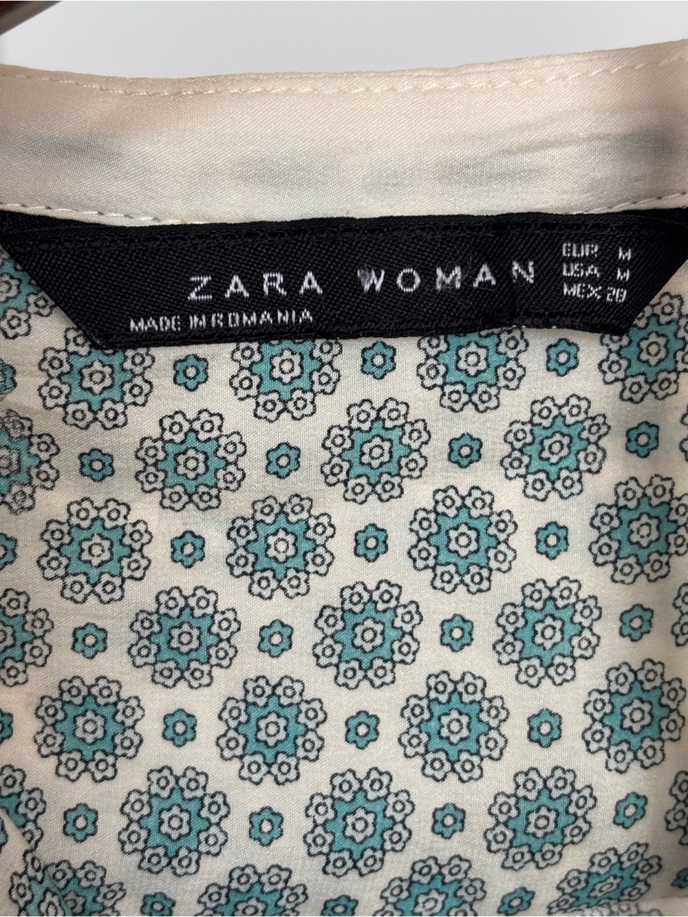 Zara 100% Mulberry Silk Floral Blouse M Ivory Teal Quiet Luxury Autumn Chic Fall - Picture 5 of 16